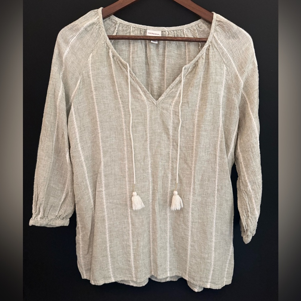 Merona Women's Striped V-Neck Blouse with Tassels Size Small Petite